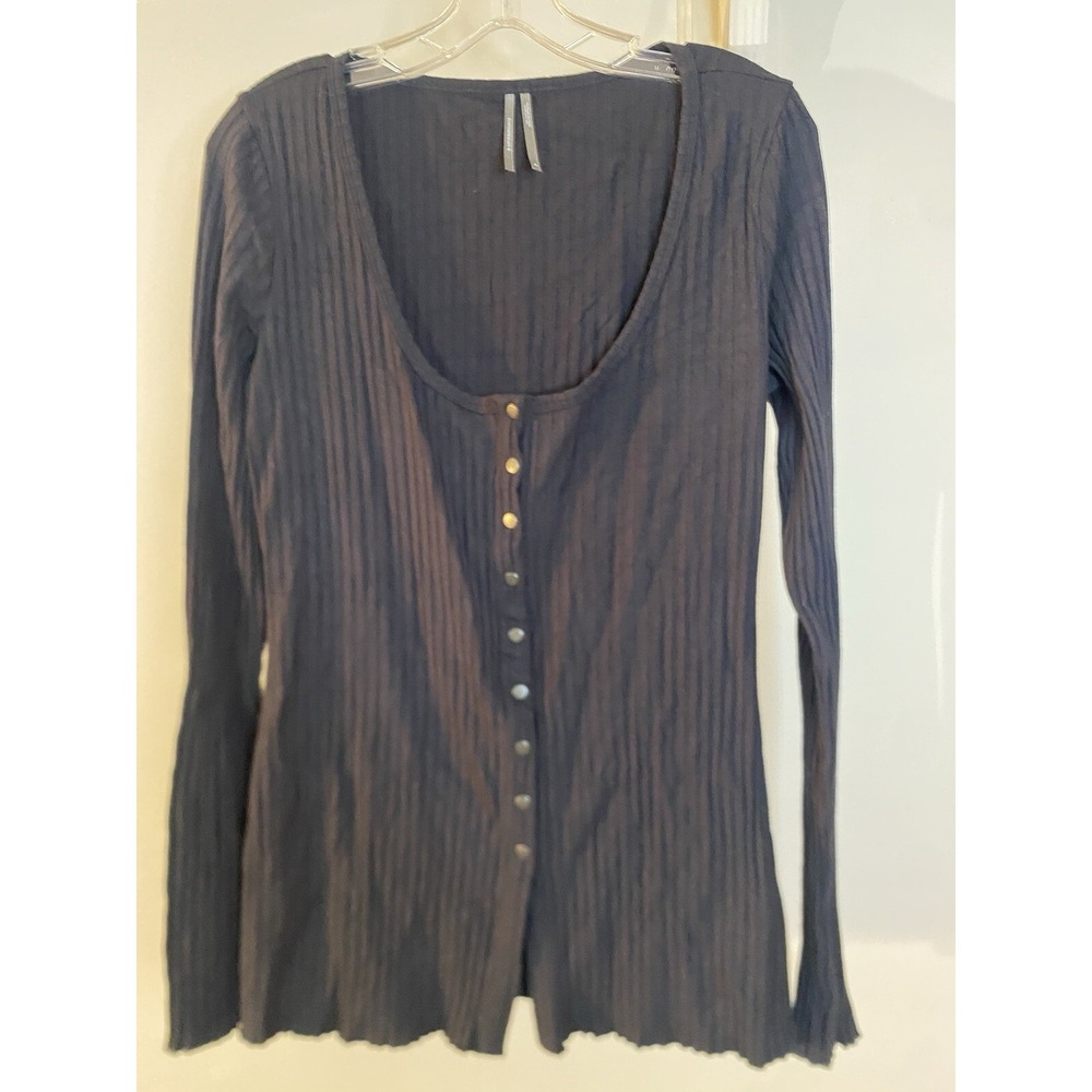ANTHROPOLOGIE Dark Gray Ribbed Snap Front Knit Top‎ M Scoop Neck
